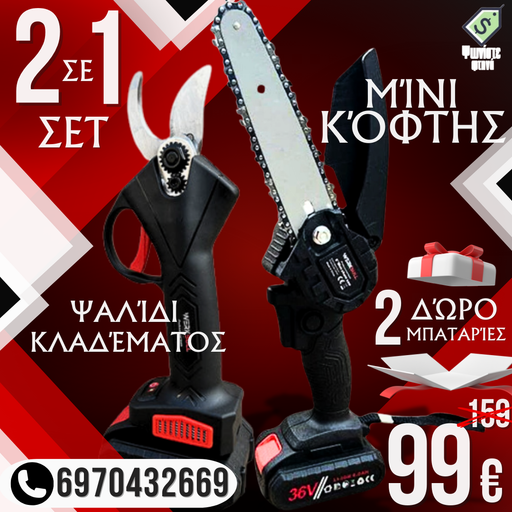 2in1 WerkBull ασύρματο ψαλίδι αμπέλου και σετ μίνι πριονιού με 2 ράβδους και 4 αλυσίδες ως δώρο