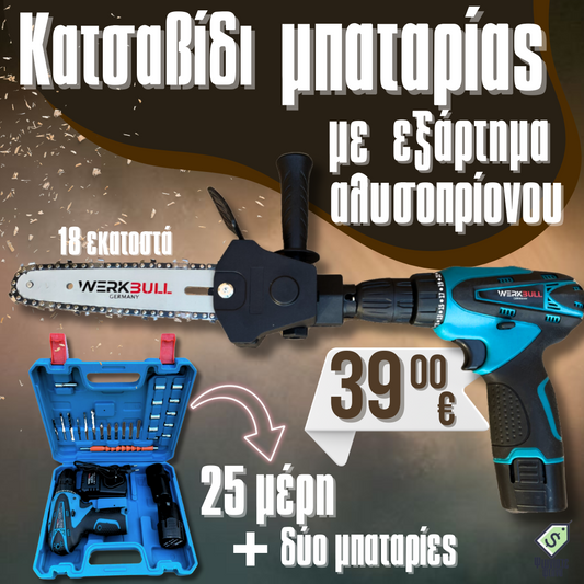 2B1 Κατσαβίδι δύο ταχυτήτων WerkBull με 25 μέρη + δύο μπαταρίες 24v 3ah + δώρο Προσάρτημα πριόνι με ράβδο 18cm
