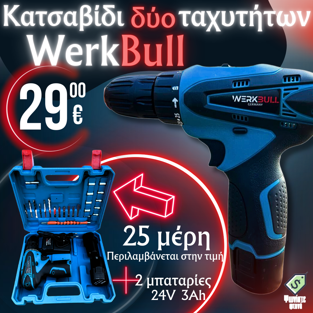 Γερμανικό κατσαβίδι WerkBull δύο ταχυτήτων 25 εξαρτήματα + δύο μπαταρίες 24v 3Ah