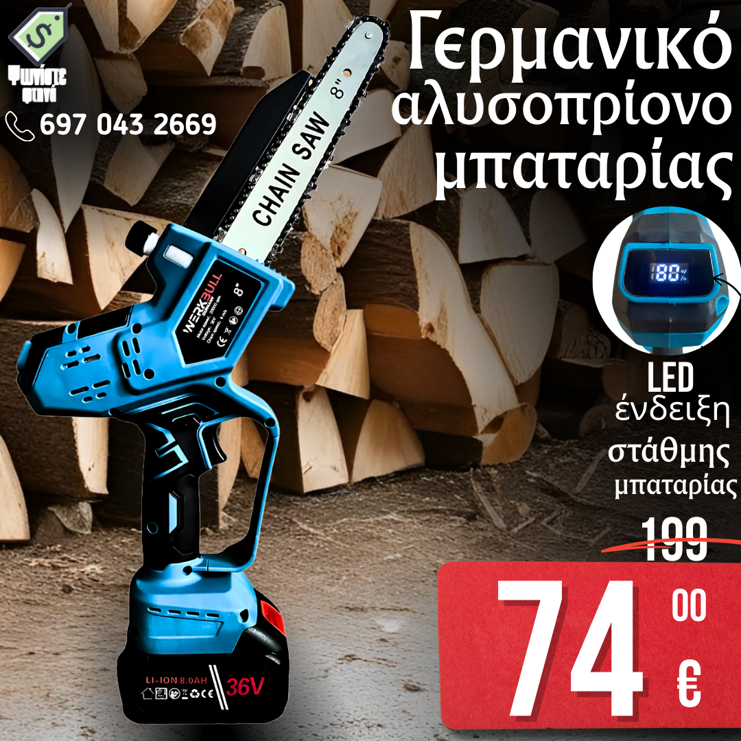 Γερμανικό Επαναφορτιζόμενο Αλυσοπρίονο Brushless 25cm με Αυτόματη Λίπανση και Οθόνη Επίπεδου Μπαταρίας + Δύο Σκληρυμένες Αλυσίδες