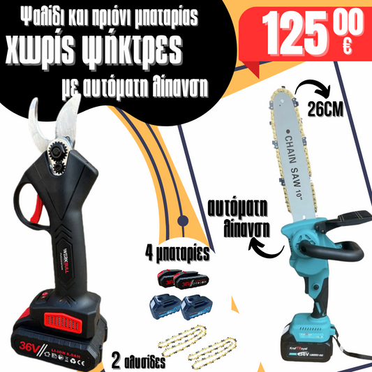 2in1 WerkBull Ασύρματο ψαλίδι αμπέλου και μίνι πριόνι με λάδωμα και ράβδο 26cm με 2 αλυσίδες και γάντια εργασίας ως δώρο
