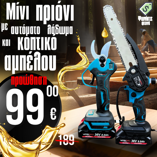 2σε1 WerkBull Ασύρματο ψαλίδι αμπέλου με οθόνη και μίνι πριόνι με αυτόματο λάδωμα