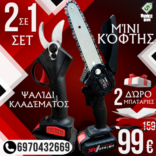  2in1 WerkBull ασύρματο ψαλίδι αμπέλου και σετ μίνι πριονιού με 2 ράβδους και 4 αλυσίδες ως δώρο