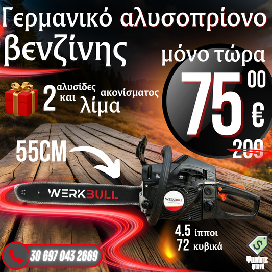 Γερμανικό βενζινοκίνητο ξυλοκόπτη WerkBull 72cc 4,5x + δύο αλυσίδες και λίμα ακονίσματος
